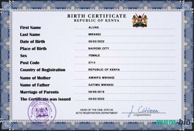 Kenya rekord życiowy narodziny certyfikat PSD szablon